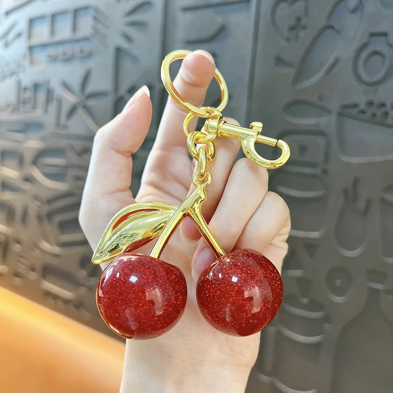 Golden Cherry Keychain Charm – Resin & Metal Bag Accessory Keychain Charm PLUSH