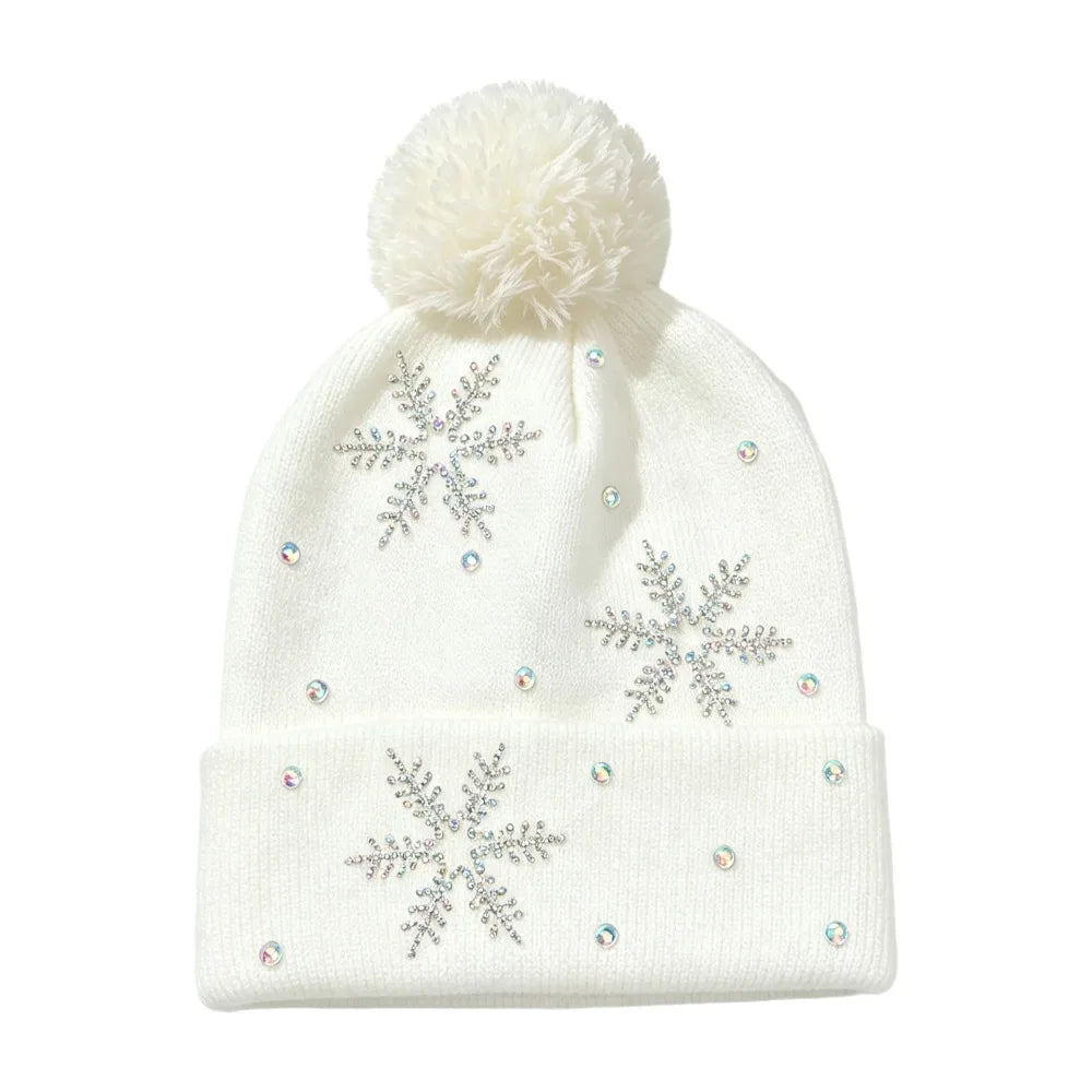 Women's Rhinestone Snowflake Knit Beanie – Warm Winter Hat Winter Knit Beanie PLUSH White