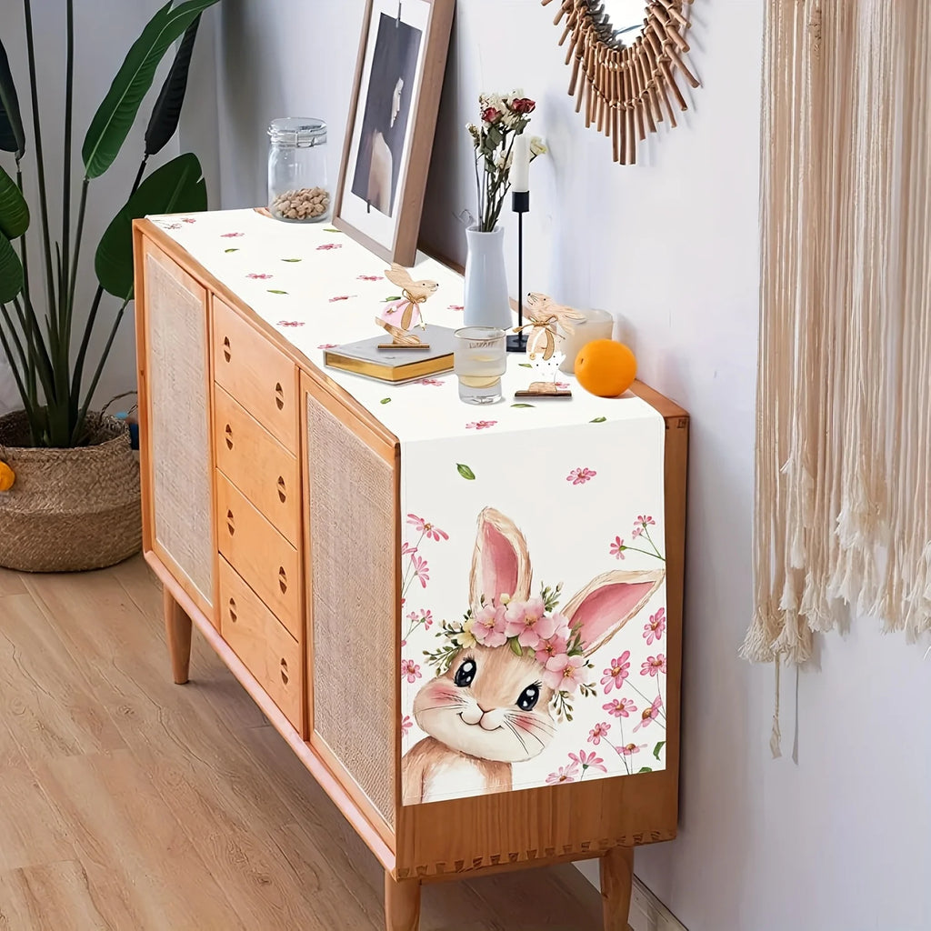 Easter Rabbit Table Runner – Spring Floral Wreath Design Table Runner PLUSH