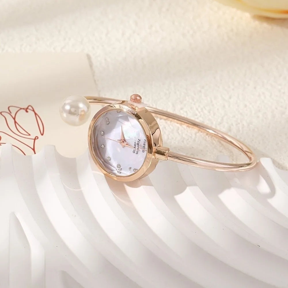 Elegant Pearl Bracelet Watch – Rhinestone Quartz Wristwatch Bracelet Watch PLUSH Rose Gold