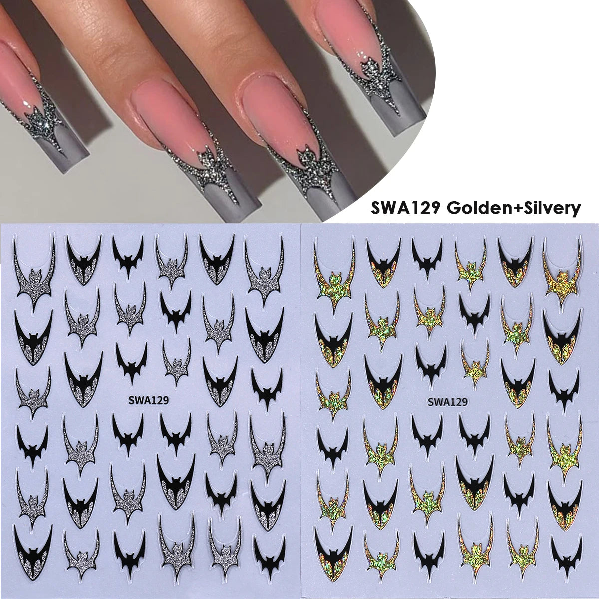 Glitter Bat Halloween Nail Stickers – Spider Web & Heart Decals Halloween Nail Stickers PLUSH SWA129 Gold Silver