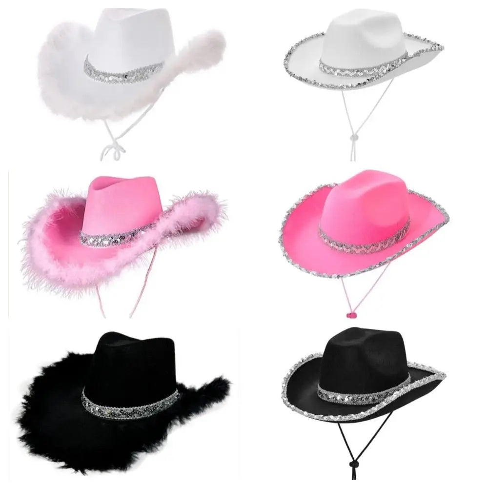 Wide Brim Sequin Cowgirl Hat – Furry Trim Western Style Western Cowgirl Hat PLUSH