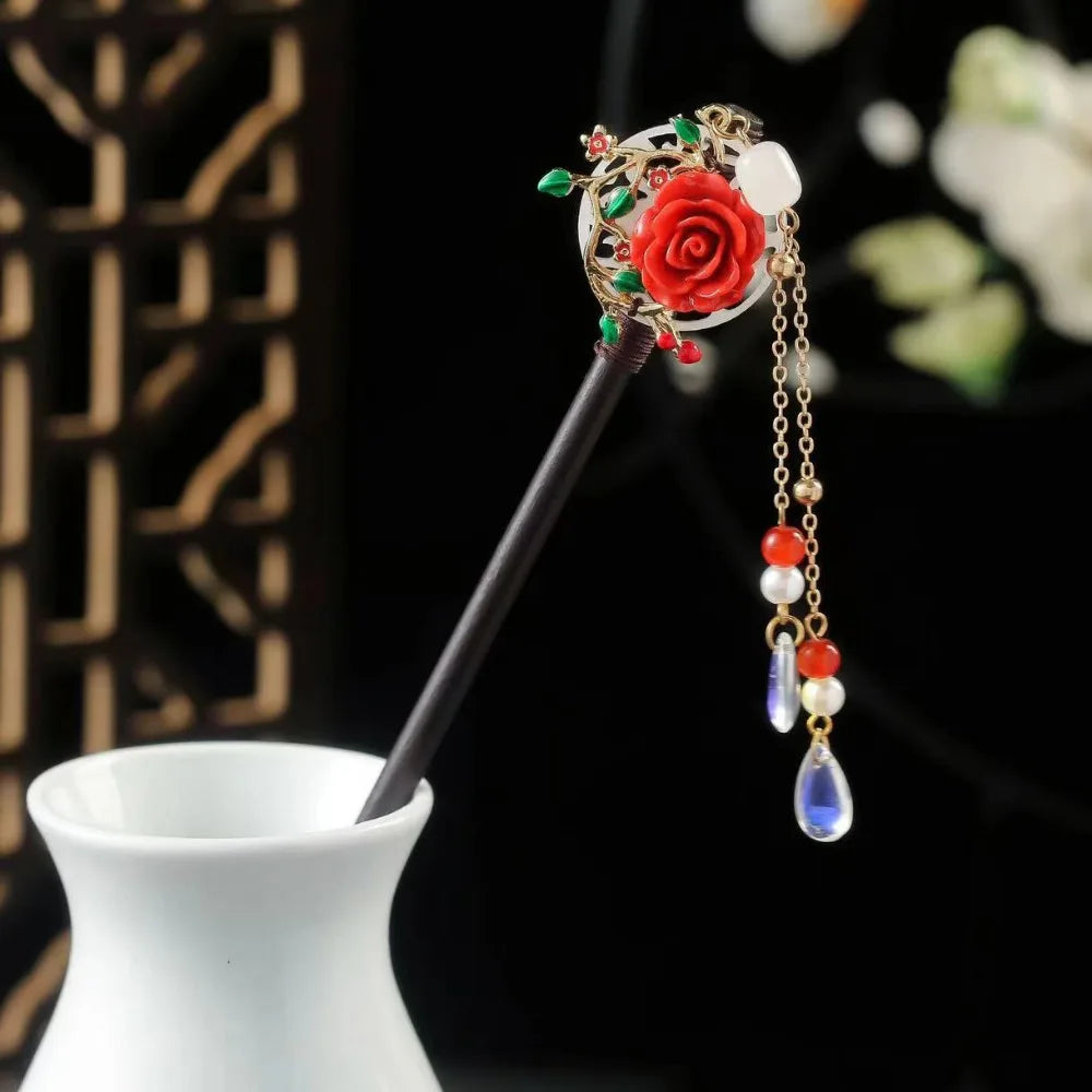 Wooden Chinese Hair Stick Vintage Flower Tassel Hairpin Fork Hair Stick Hairpin PLUSH Style 7