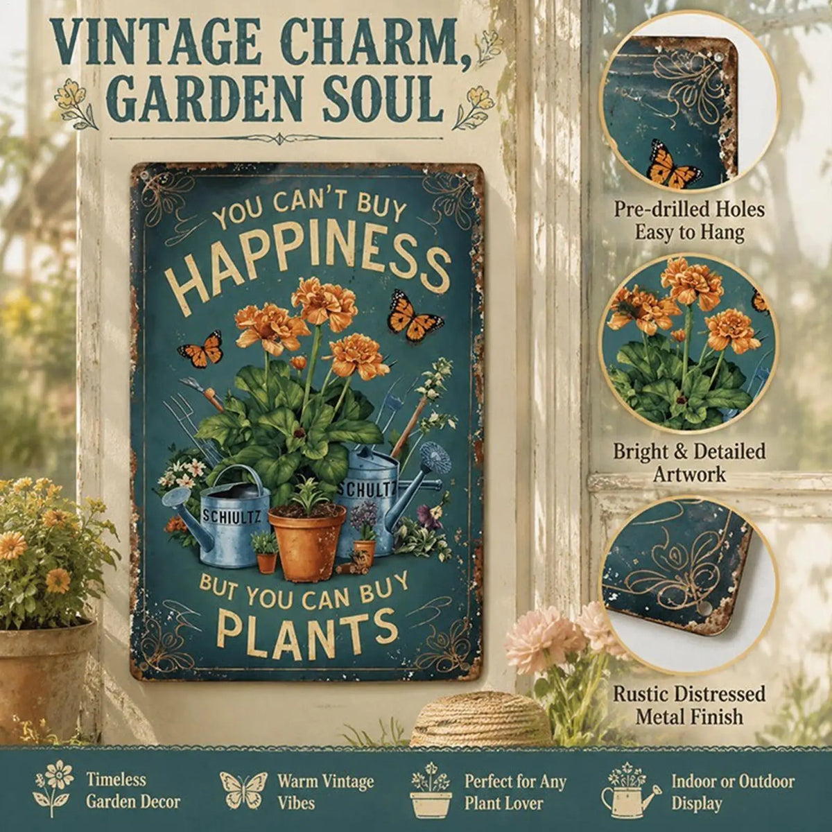Vintage Garden Metal Sign – Plants Quote Wall Decor Plaque Metal Wall Sign PLUSH