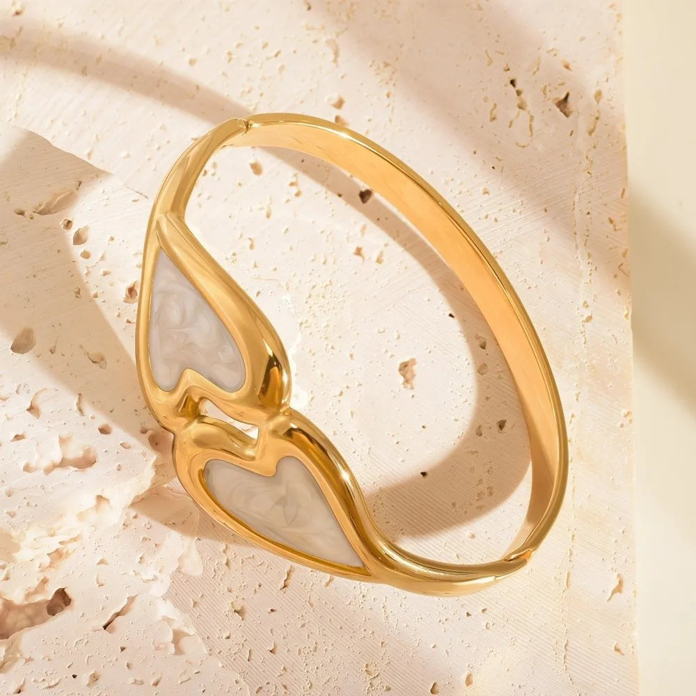 Heart Shape Enamel Bangle Bracelet – Cloisonné Flower Design Enamel Bangle Bracelet PLUSH White