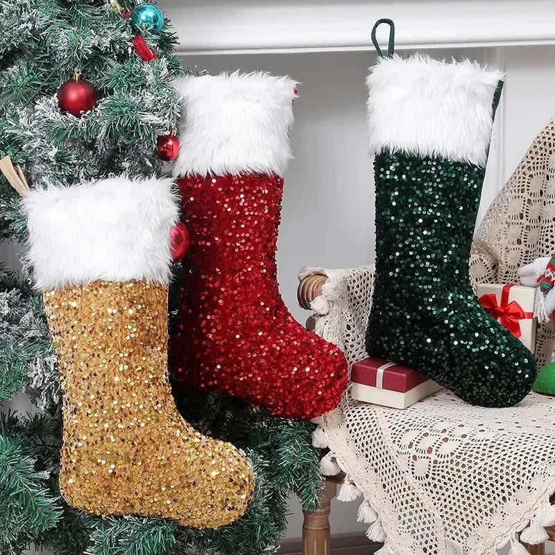 Large Flip Sequin Christmas Stockings – Fireplace Holiday Decor Christmas Stocking PLUSH