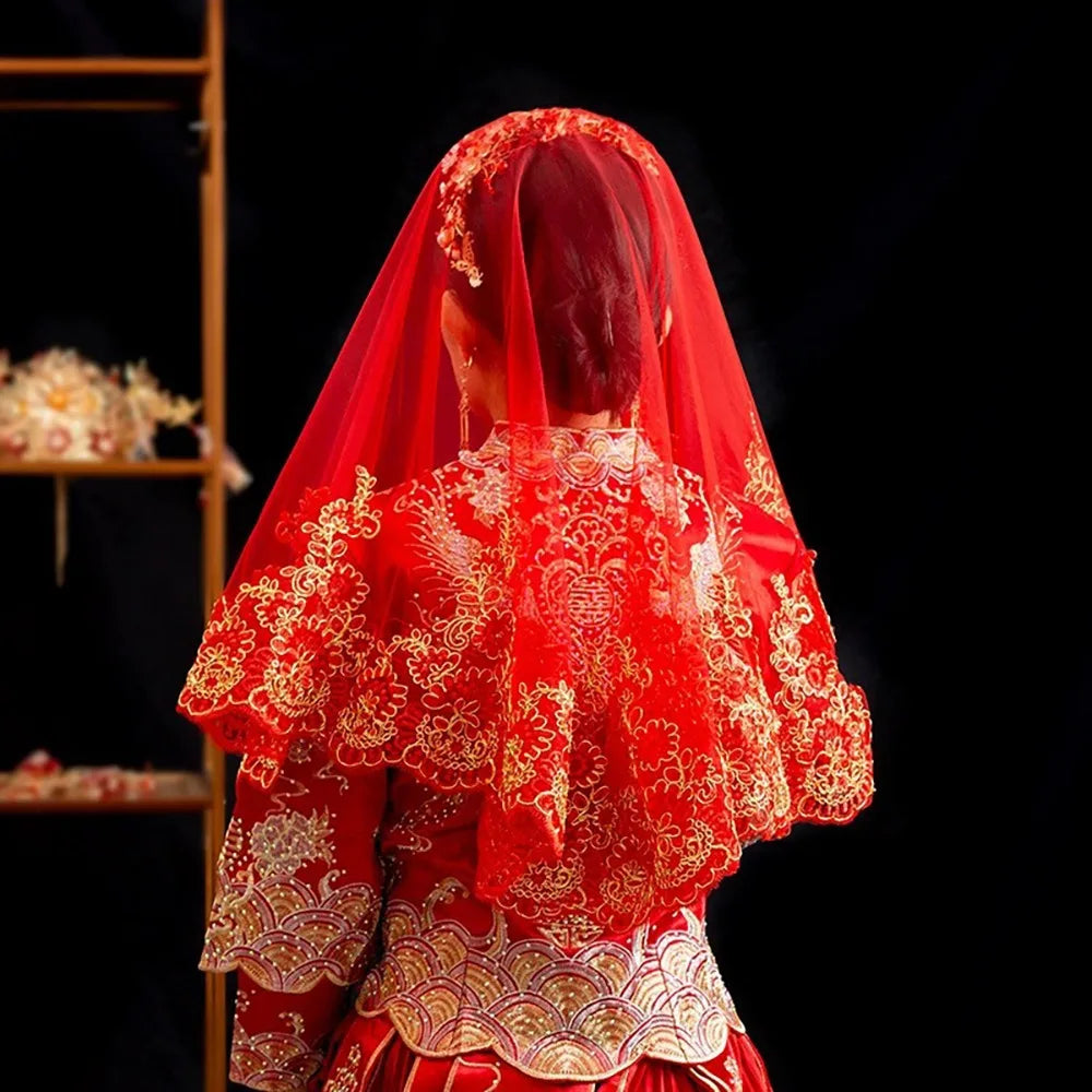 Red Gold Embroidery Bridal Veil – Lace Chinese Wedding Head Cover Bridal Veil PLUSH Style C