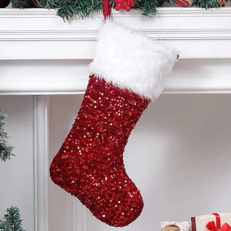 Large Flip Sequin Christmas Stockings – Fireplace Holiday Decor Christmas Stocking PLUSH 27x42cm Red-1PCS