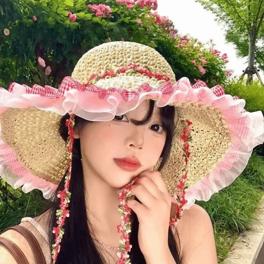 Women's Large Brim Straw Hat – Floral Lace Trim Beach Sun Hat Women's Sun Hat PLUSH