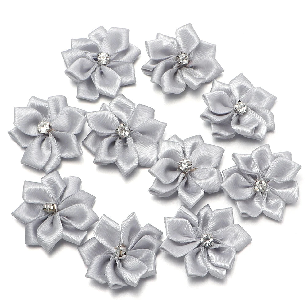 10pcs 3cm Satin Ribbon Flowers Rhinestone 9-Petal DIY Craft Fabric Flower Appliqué PLUSH Silver