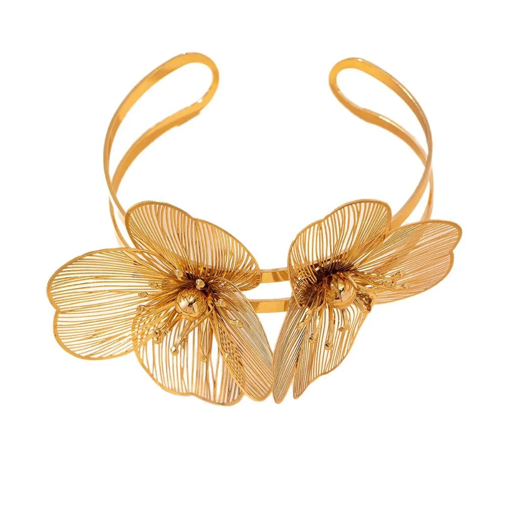 Vintage Hollowed Floral Gold Bangle – Open Arm Cuff Bracelet Floral Cuff Bracelet PLUSH Style B