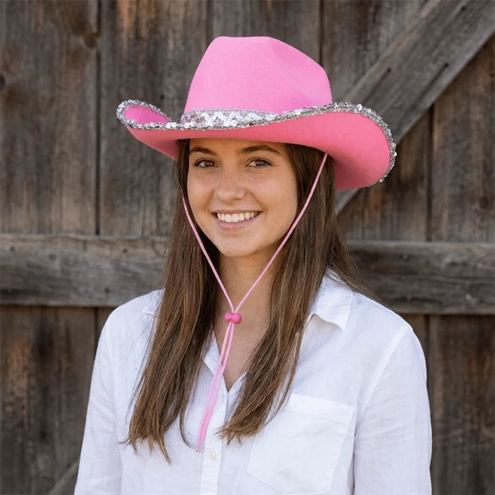 Wide Brim Sequin Cowgirl Hat – Furry Trim Western Style Western Cowgirl Hat PLUSH