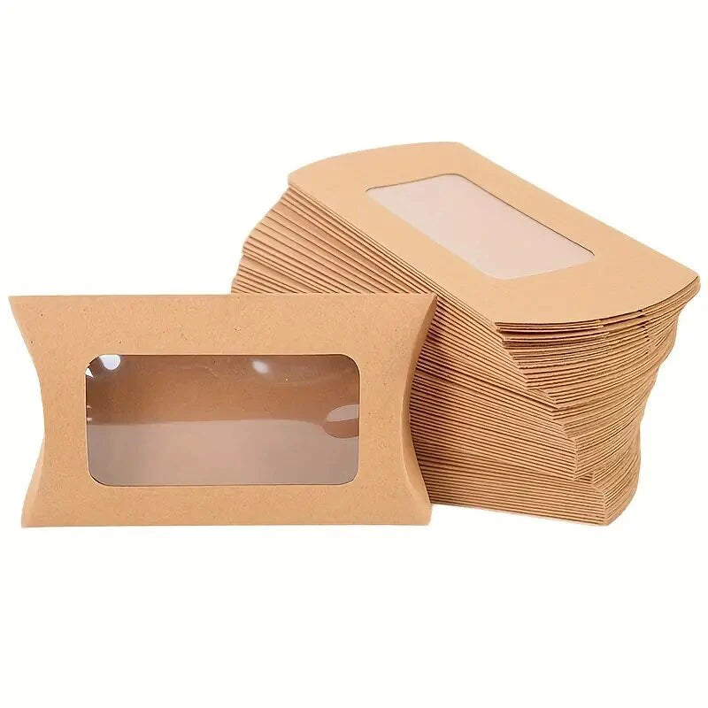 50pcs Paper Pillow Gift Boxes with Clear PVC Window | Candy & Jewelry Gift Packaging Boxes PLUSH brown 50PCS