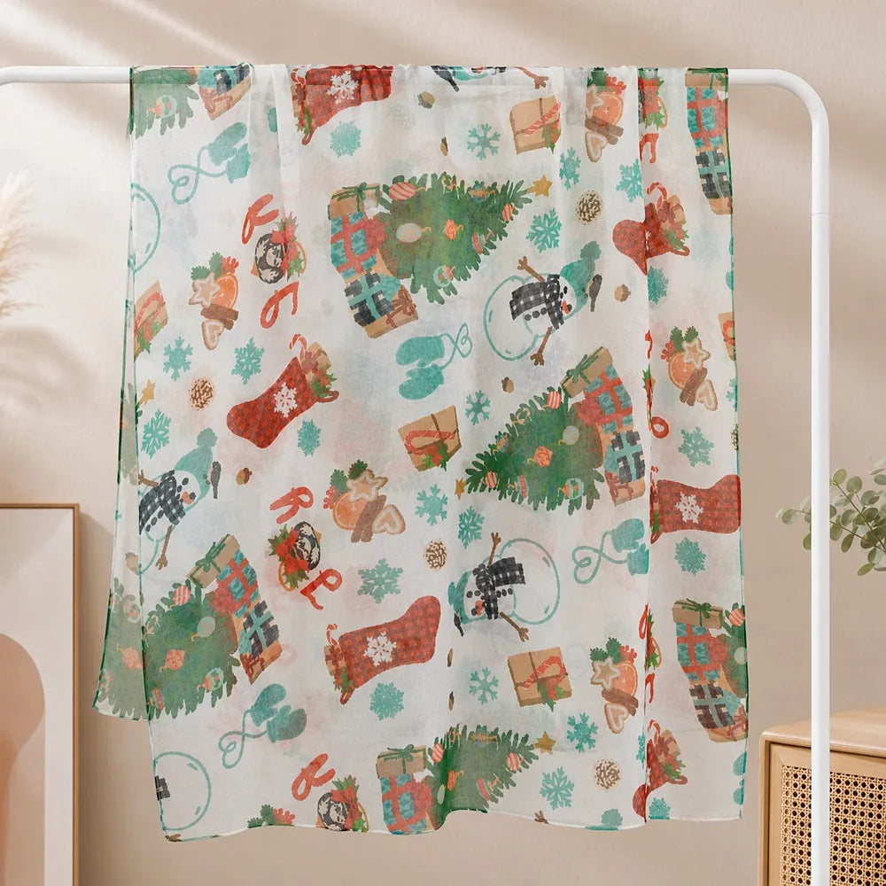 Women's Christmas Voile Scarf – Snowman Print Shawl 180x90cm Holiday Voile Scarf PLUSH 3
