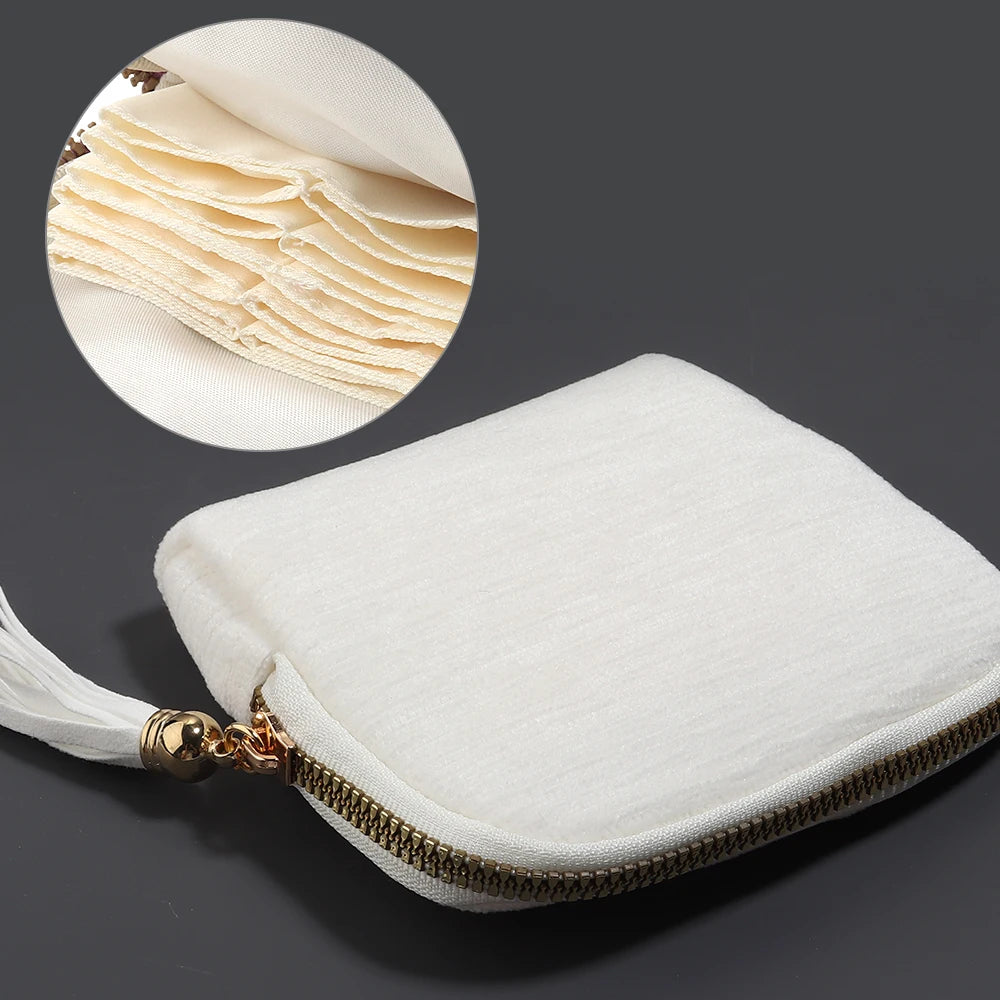 Velvet Jewelry Pouch 6-Layer Storage Bag with Tassel | Travel Jewelry Storage Pouch PLUSH white