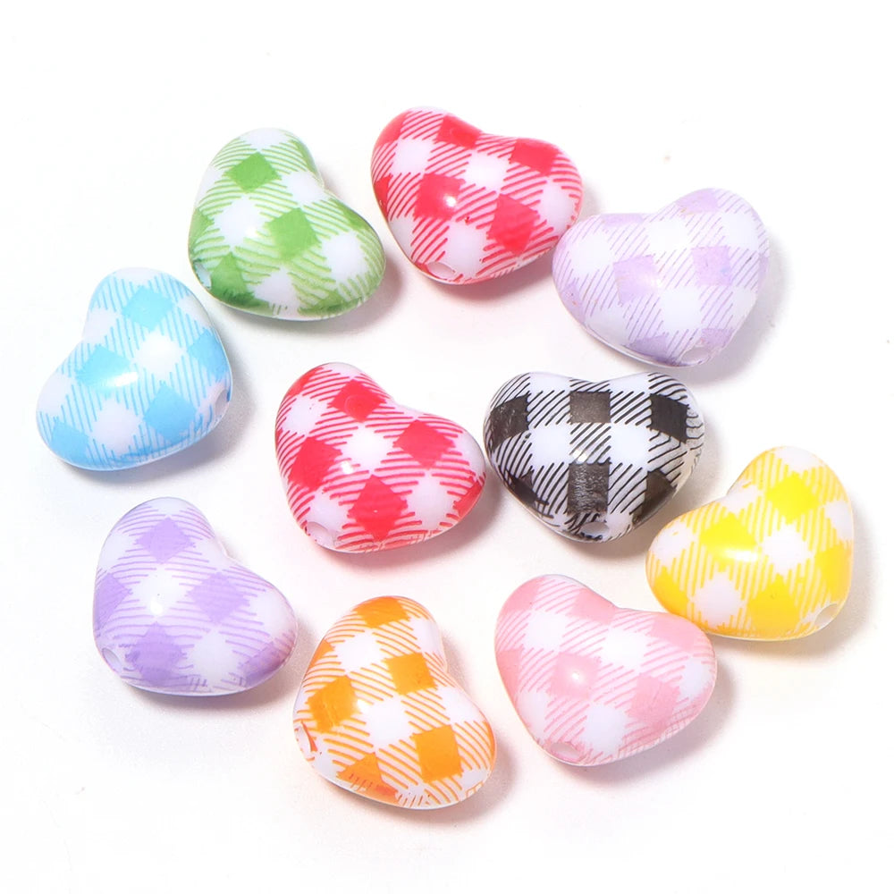 10pcs Plaid Heart Acrylic Spacer Beads – DIY Jewelry Making Acrylic Spacer Beads PLUSH 02 mix color