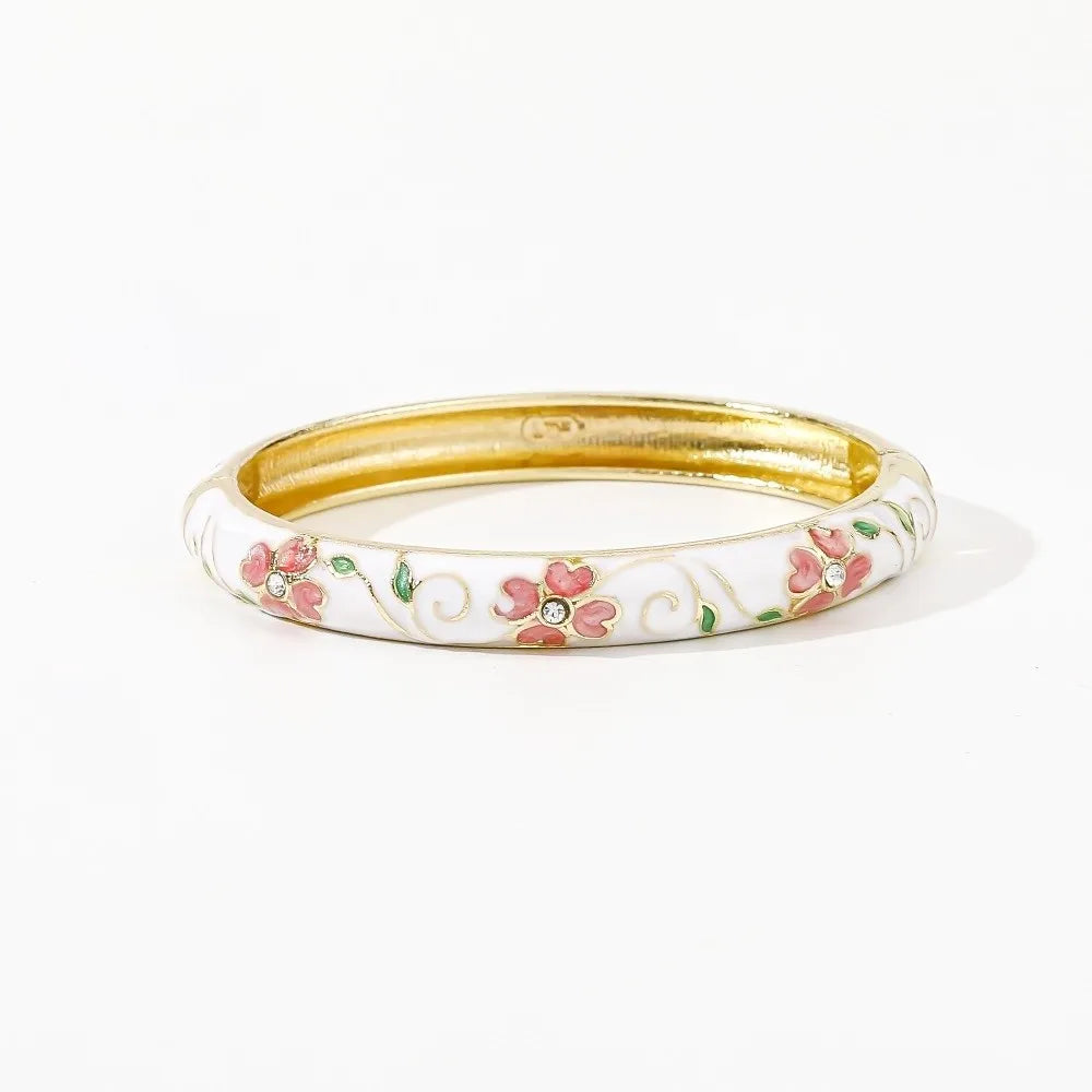Enamel Cloisonné Cherry Blossom Bangle | Women's Vintage Bracelet Enamel Bangle Bracelet PLUSH White Rose Red