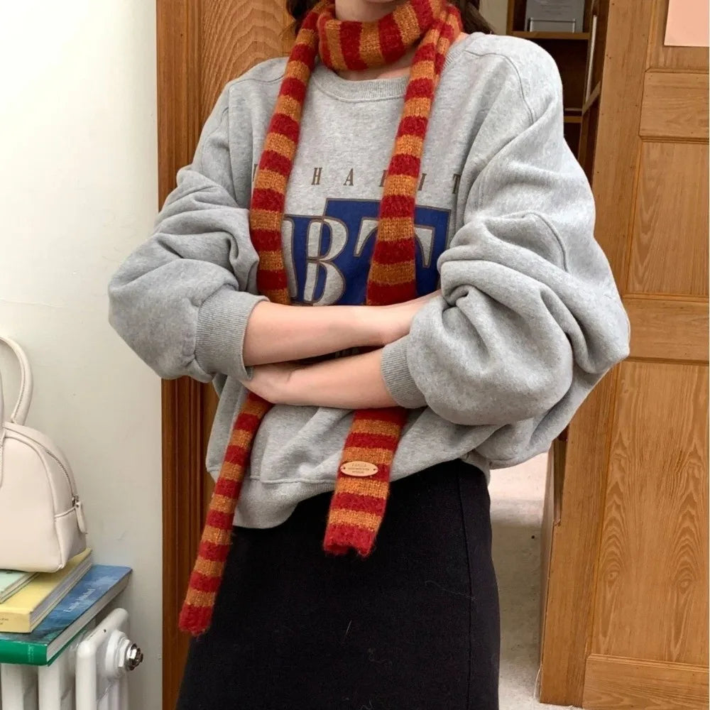 Y2K Harajuku Striped Knit Scarf – Korean Neckerchief Shawl Knit Neckerchief Scarf PLUSH