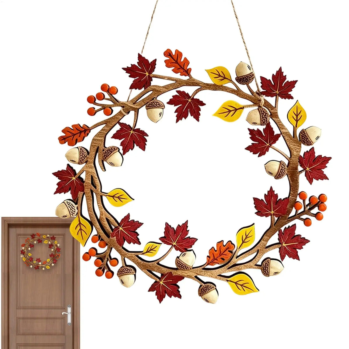 Rustic Autumn Wreath – Maple Acorn Fall Door Décor 11in Seasonal Wreath PLUSH