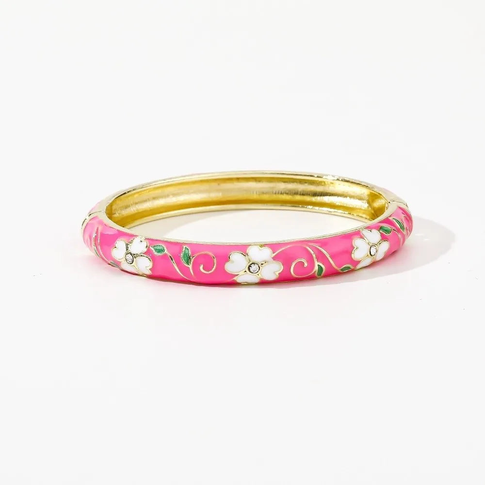 Enamel Cloisonné Cherry Blossom Bangle | Women's Vintage Bracelet Enamel Bangle Bracelet PLUSH Dark Pink White