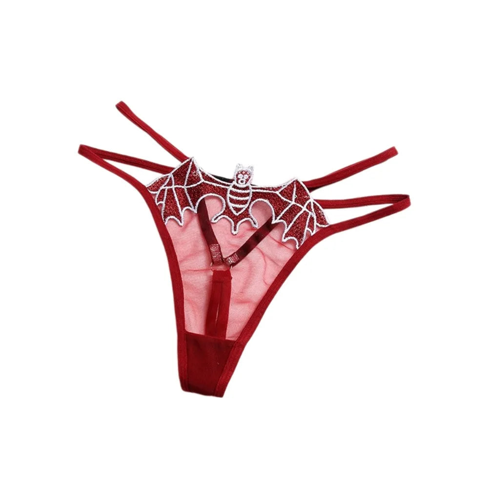 Bat Embroidery Transparent Thong | Women's Low-Rise T-Back Panty Women's Thong Panties PLUSH Dark Red One Size 1pc
