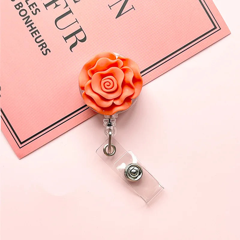 3D Rose Retractable Badge Reel – Floral ID Card Holder Clip Badge Reel Holder PLUSH Orange