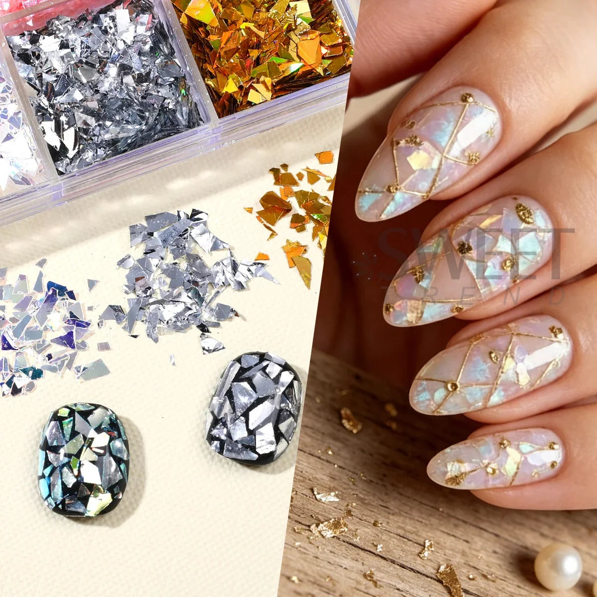 15-Grid Iridescent Broken Glass Nail Glitter Flakes | Aurora Sequins Nail Art Glitter PLUSH