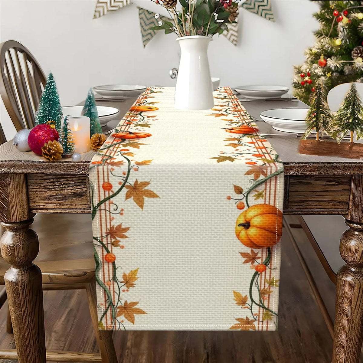 Pumpkin & Autumn Leaf Table Runner | Fall Harvest Decor Table Runner PLUSH