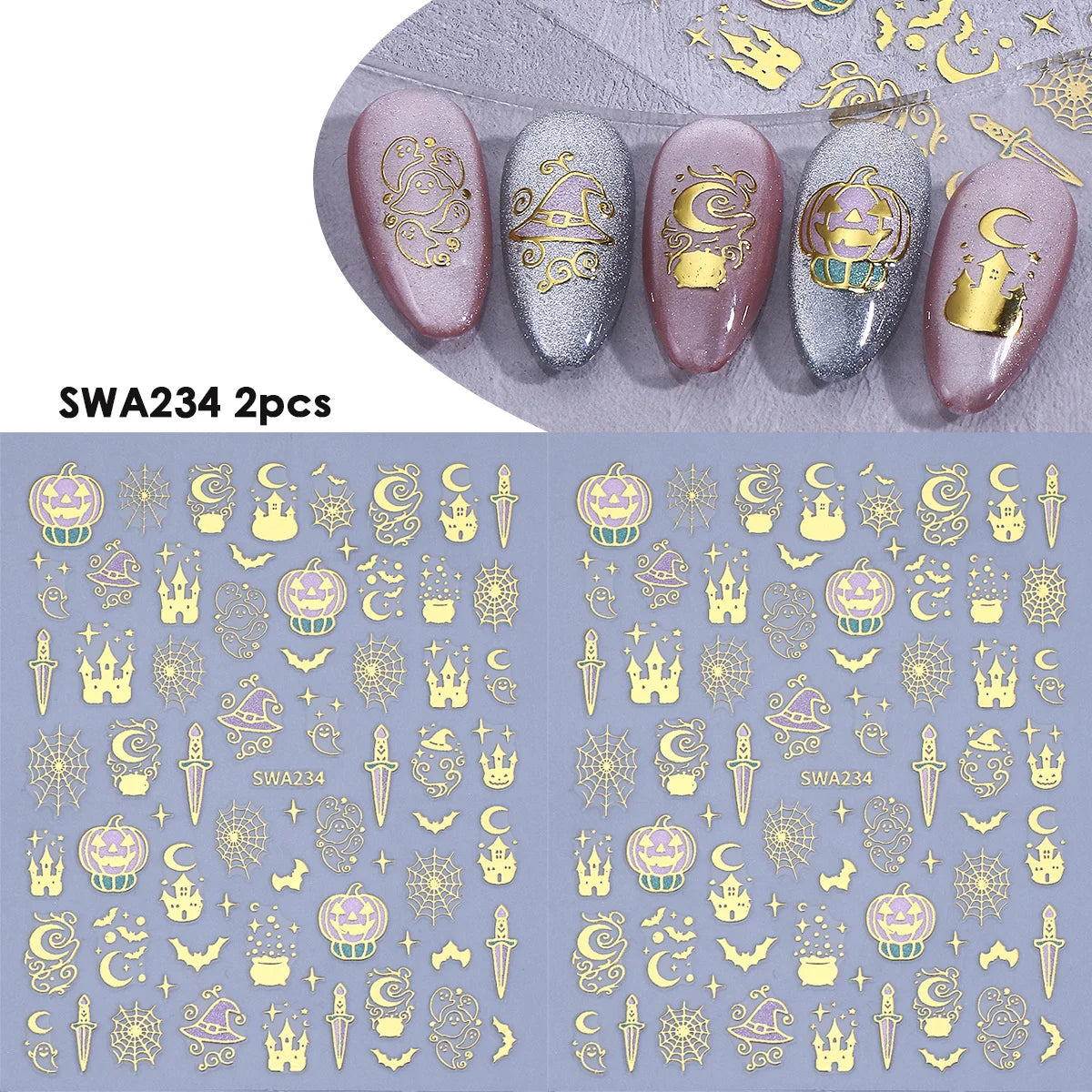 Halloween 3D Bronzing Nail Stickers – Glitter Foil Decals 2pcs Nail Art Stickers PLUSH SWA234 2pcs
