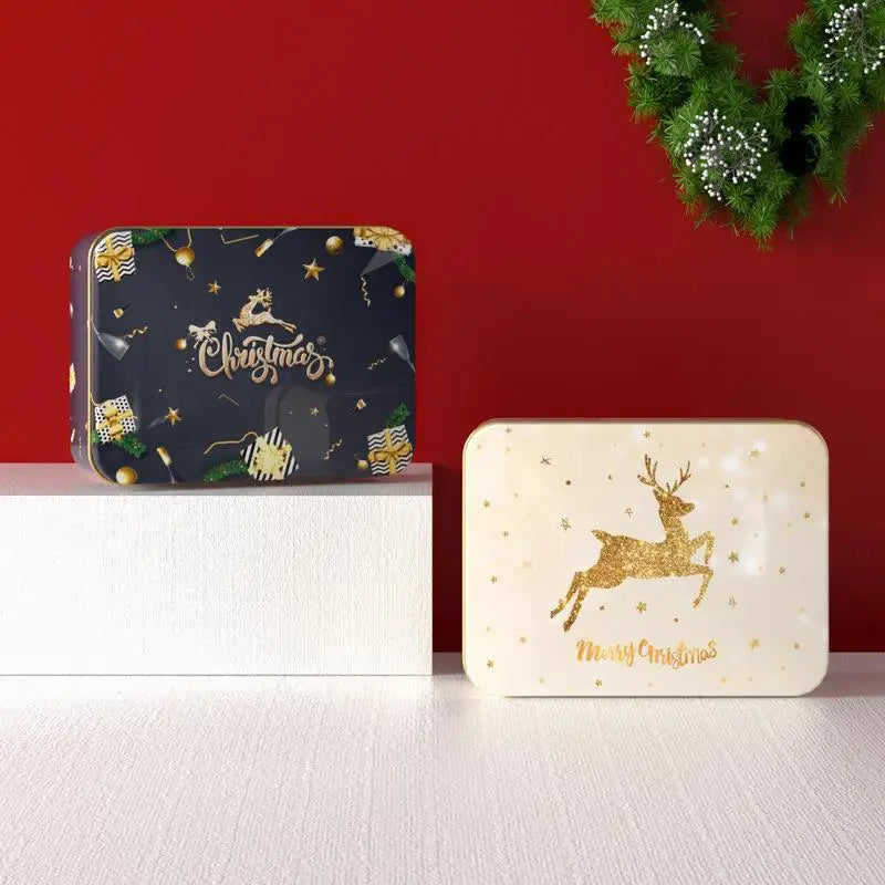 Christmas Tin Can Box – Elk & Santa Candy Cookie Gift Storage Holiday Tin Box PLUSH