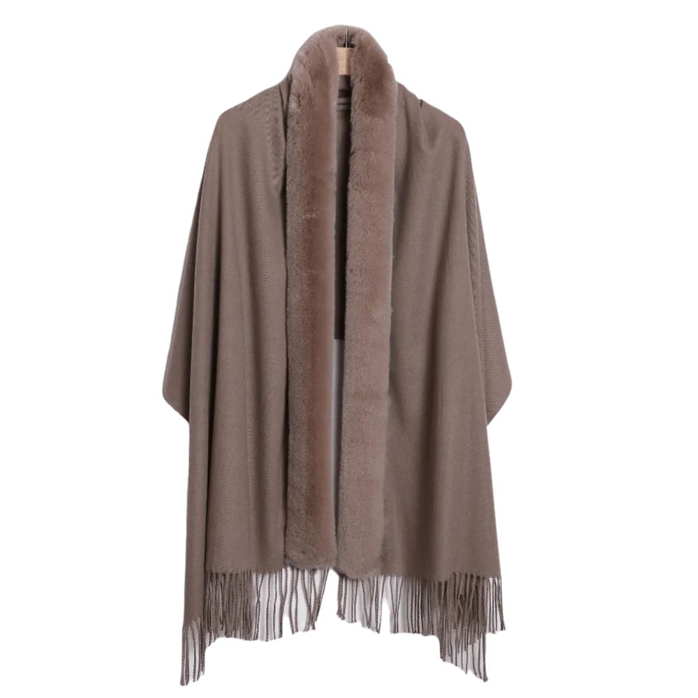 Women's Oversized Faux Fur Collar Shawl Wrap Cape Poncho Faux Fur Shawl Wrap PLUSH Khaki