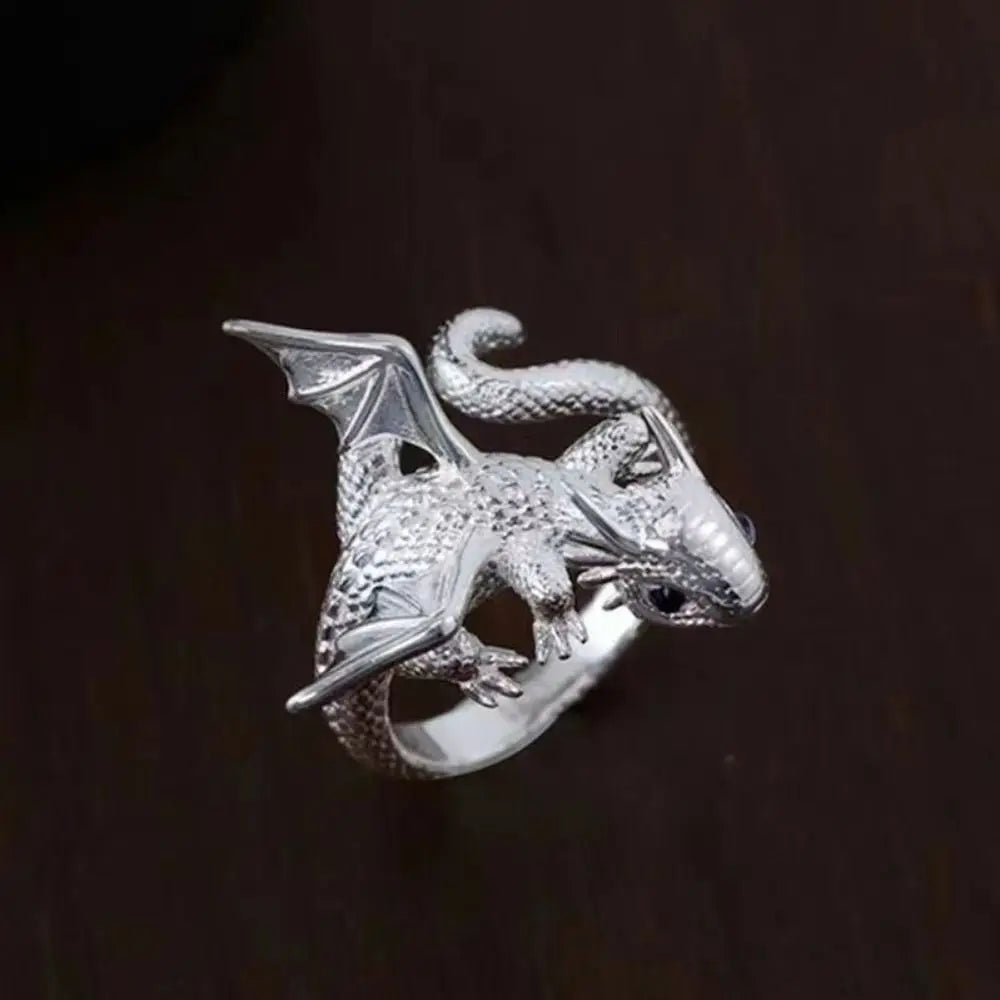 Vintage Dragon Adjustable Silver Ring – Retro Animal Jewelry Fashion Ring PLUSH