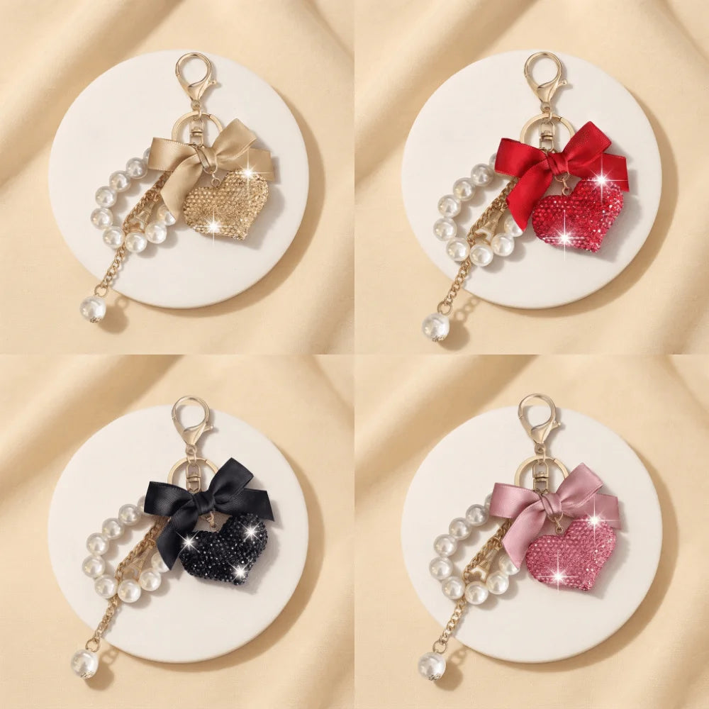Pearl Bowknot Heart Keychain – Handmade Alloy Bag Charm Bag Charm Keychain PLUSH