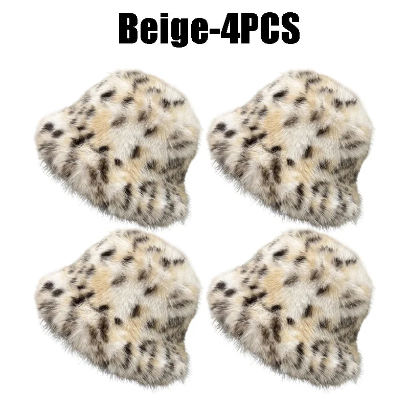 Women's Puffy Faux Fur Bucket Hat | Leopard Print Winter Hat Faux Fur Bucket Hat PLUSH Beige-4PCS
