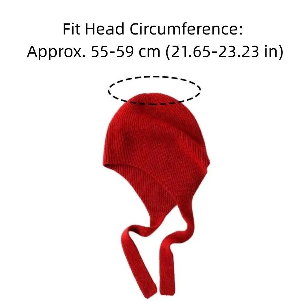 Women's Knit Earflap Beanie with Ribbon Tie – Korean Style Knit Earflap Beanie PLUSH