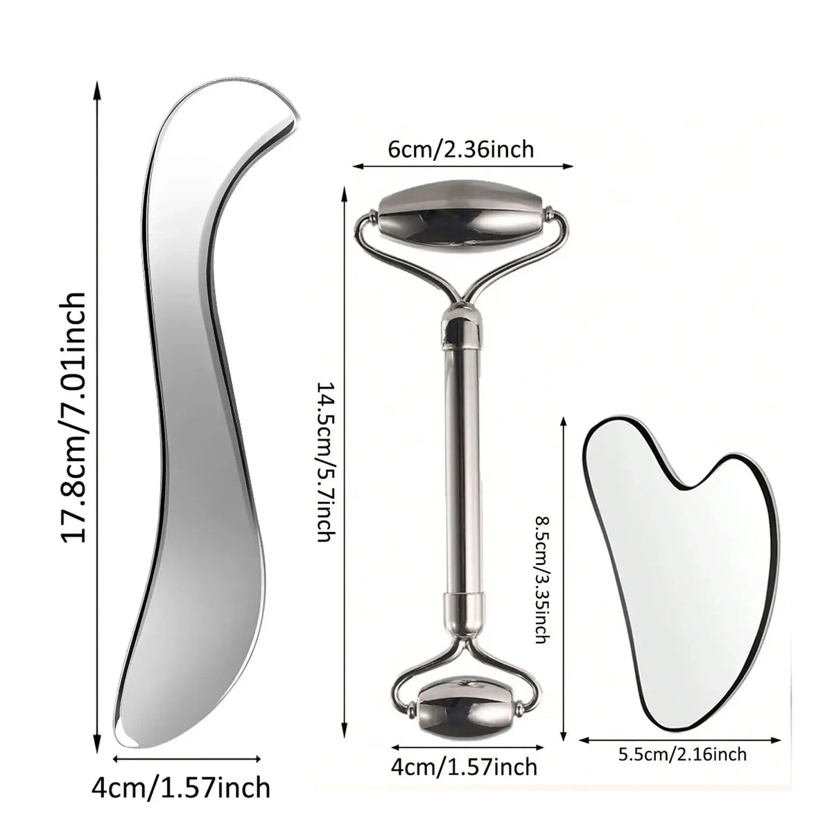 Stainless Steel Facial Roller & Gua Sha Tool Set – Face & Body Facial Massage Tool PLUSH