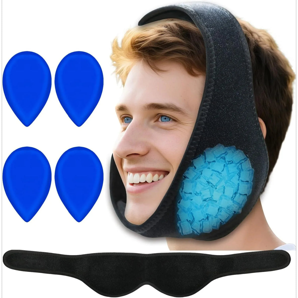 Jaw Ice Pack Head Wrap + 4 Gel Packs | Oral Surgery Recovery Cold Therapy Wrap PLUSH Black