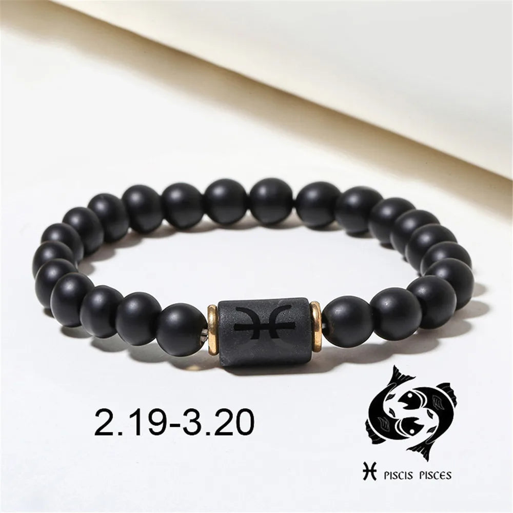 Zodiac Constellation Matte Black Agate Beaded Bracelet Beaded Bracelet PLUSH Pisces