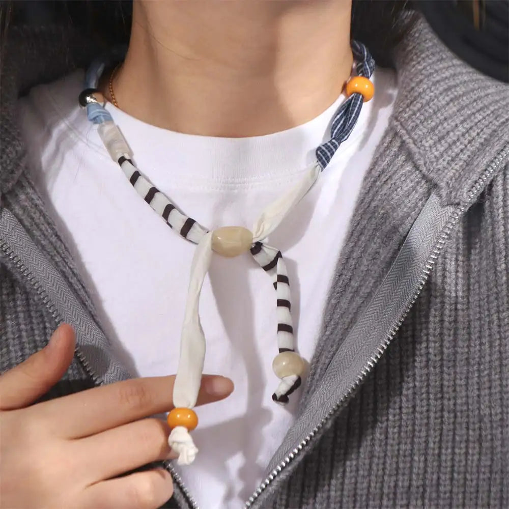 Ethnic Patchwork Cloth & Wood Bead Clavicle Necklace | Boho Boho Beaded Necklace PLUSH