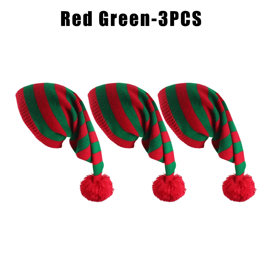 Winter Long Tail Elf Hat Christmas Knit Pom Pom Santa Hat Christmas Elf Hat PLUSH as show Red Green 3PCS