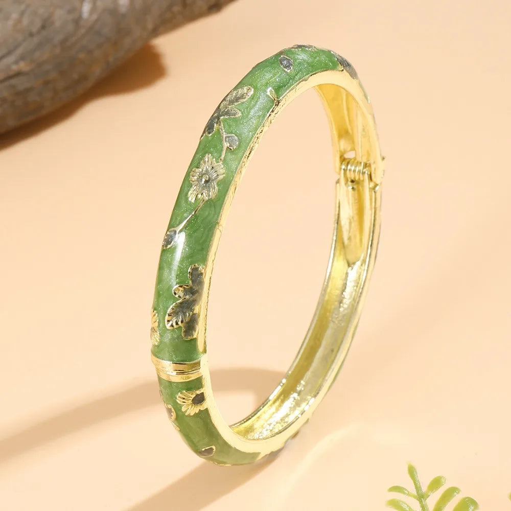 Flower Enamel Cloisonné Bangle – Vintage Filigree Bracelet Enamel Bangle PLUSH Dark Green