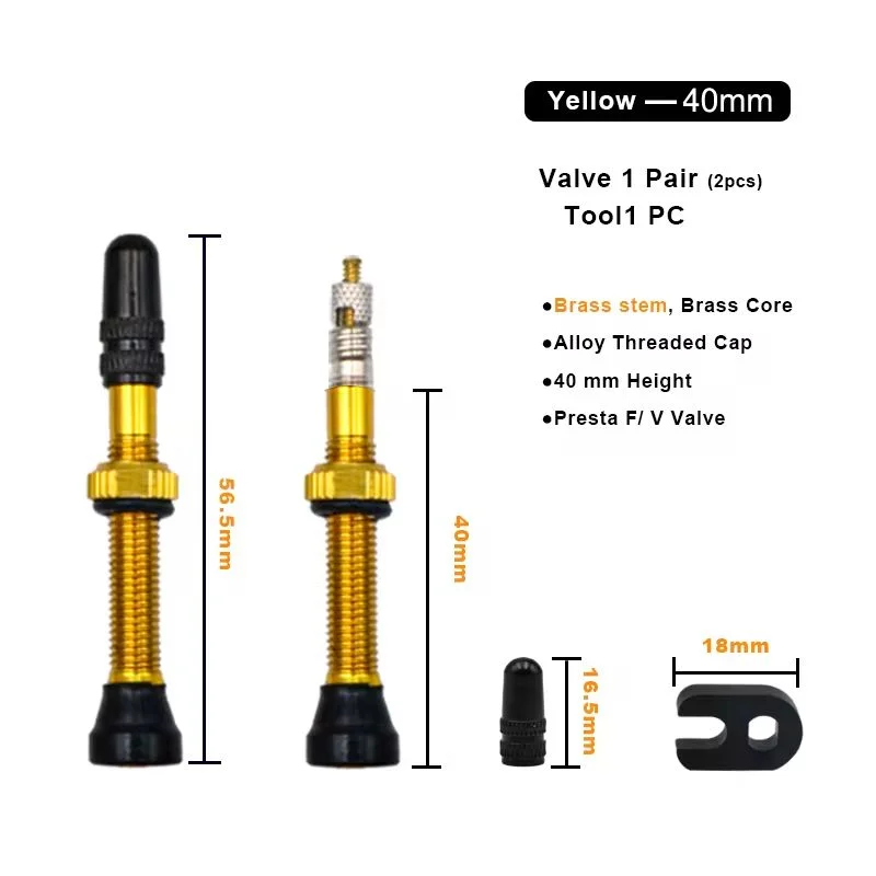 MTB Tubeless Presta Valve Stems 40/60mm – Alloy Brass 2pcs Tubeless Valve Stems PLUSH yellow-40mm