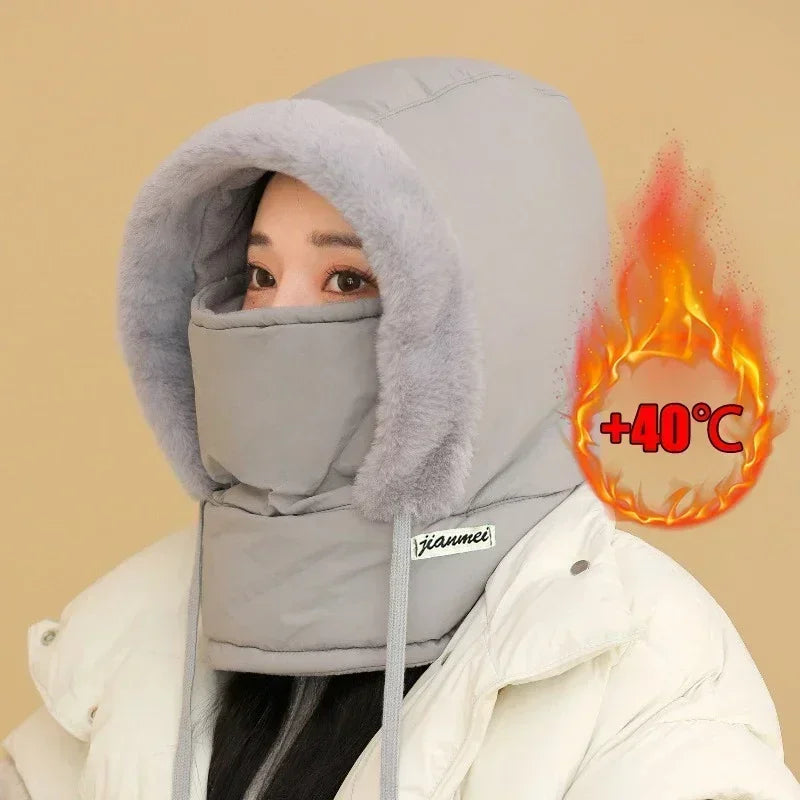 3-in-1 Winter Hooded Hat Face Mask & Scarf – Windproof Warm Winter Hat Set PLUSH