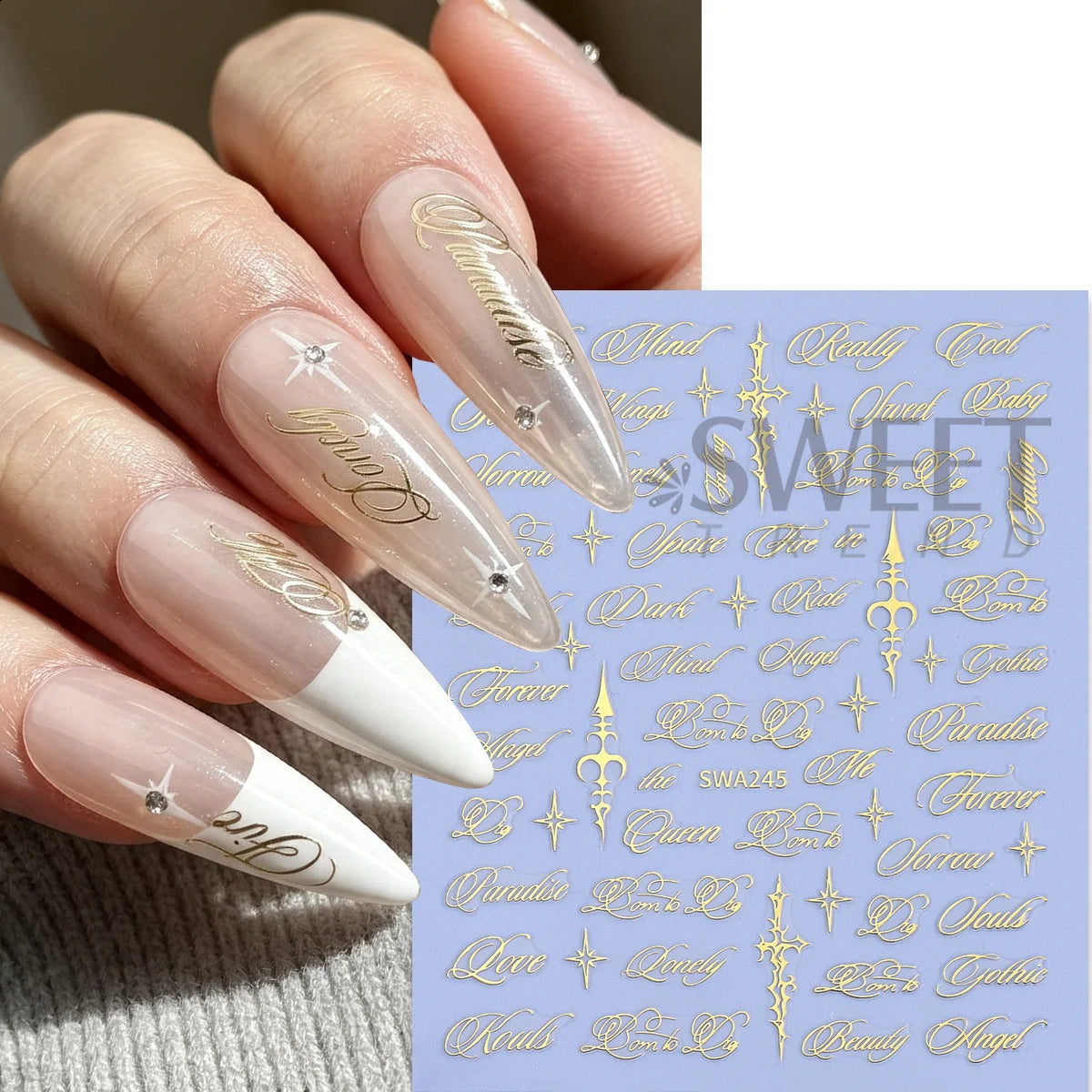 Gothic Nail Stickers Black Gold Y2K Angel Star – 4 Sheets Nail Art Stickers PLUSH