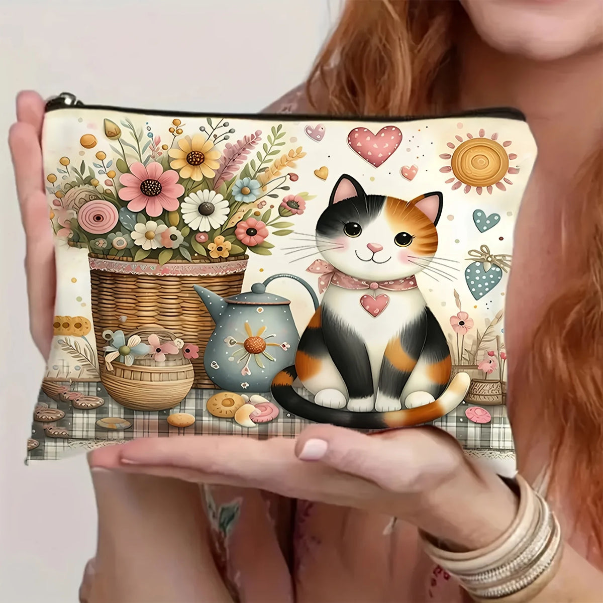 Cat & Flower Makeup Bag – Cute Multifunctional Travel Zip Pouch Makeup Travel Bag PLUSH