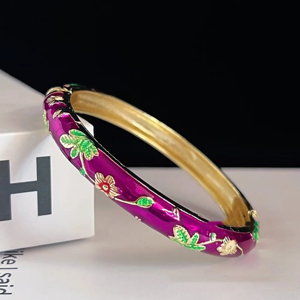 Chinese Cloisonne Enamel Peony Filigree Double Bangle Bracelet Enamel Bangle Bracelet PLUSH dark red