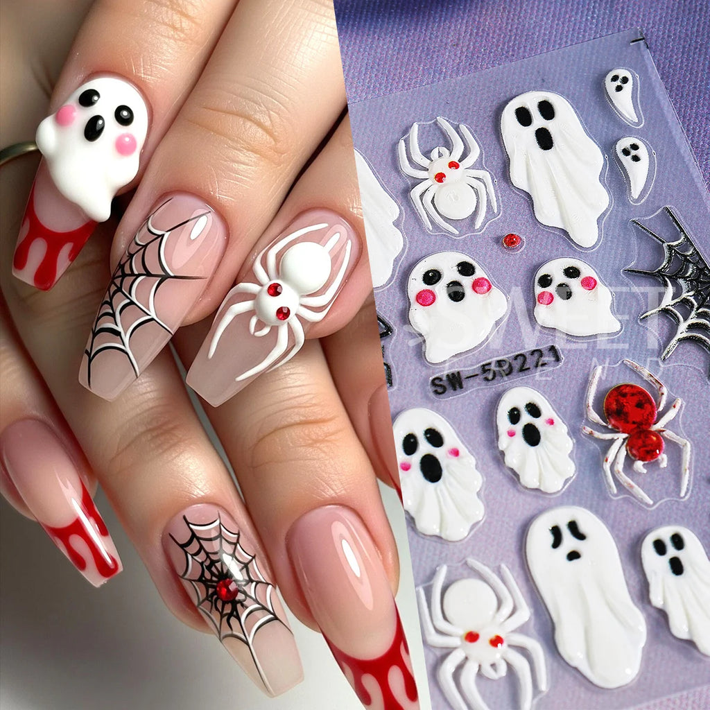 Halloween 5D Embossed Nail Stickers – Spider Web Ghost Decals Nail Art Stickers PLUSH
