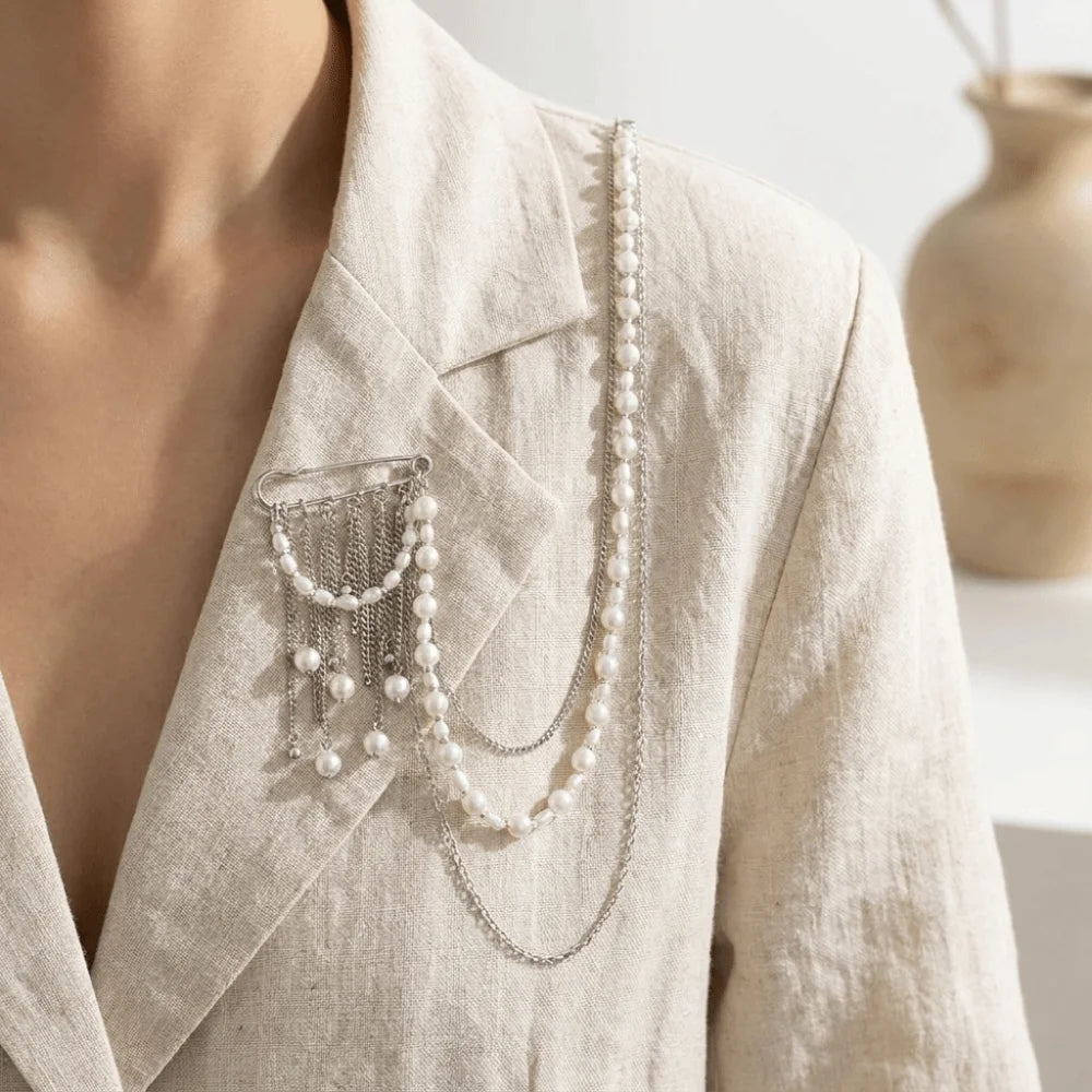 White Pearl Tassel Multi-Layer Chain Brooch | Zinc Alloy Fashion Brooch PLUSH