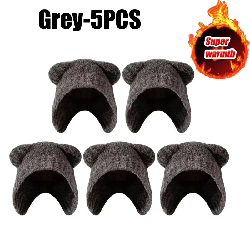 Women's Bear Ear Fleece Lined Knit Beanie – Korean Winter Hat Winter Knit Beanie PLUSH Grey-5PCS