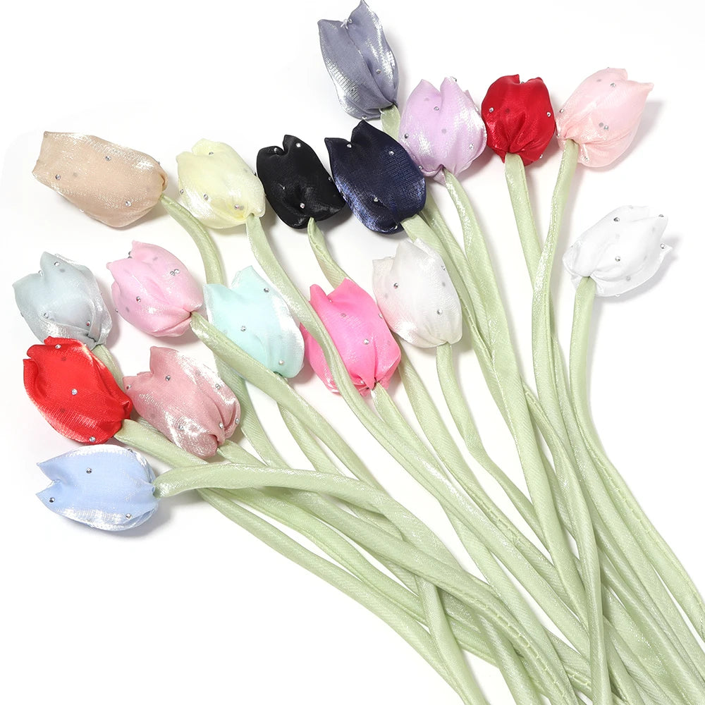 5pcs Satin Tulip Flower Strings Rhinestone DIY Hair & Garment Fabric Flower Trim PLUSH
